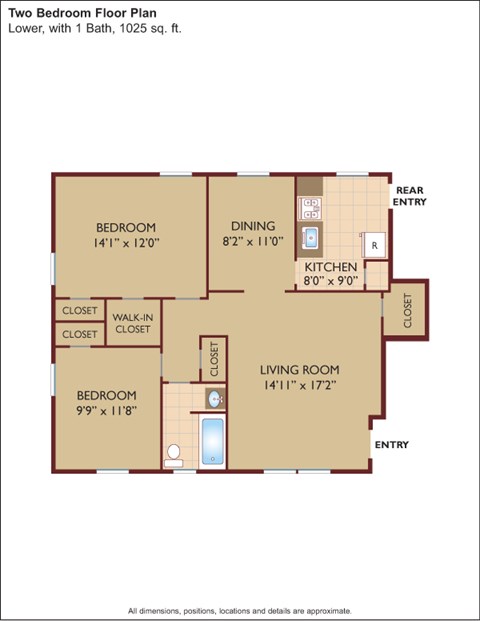 Floor plan for 2 beds, 1 bath, 1050 sqft